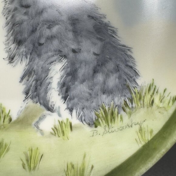 German Porcelain Dish Plate Old English Sheepdog With Butterfly Painted Signed - Picture 5 of 15